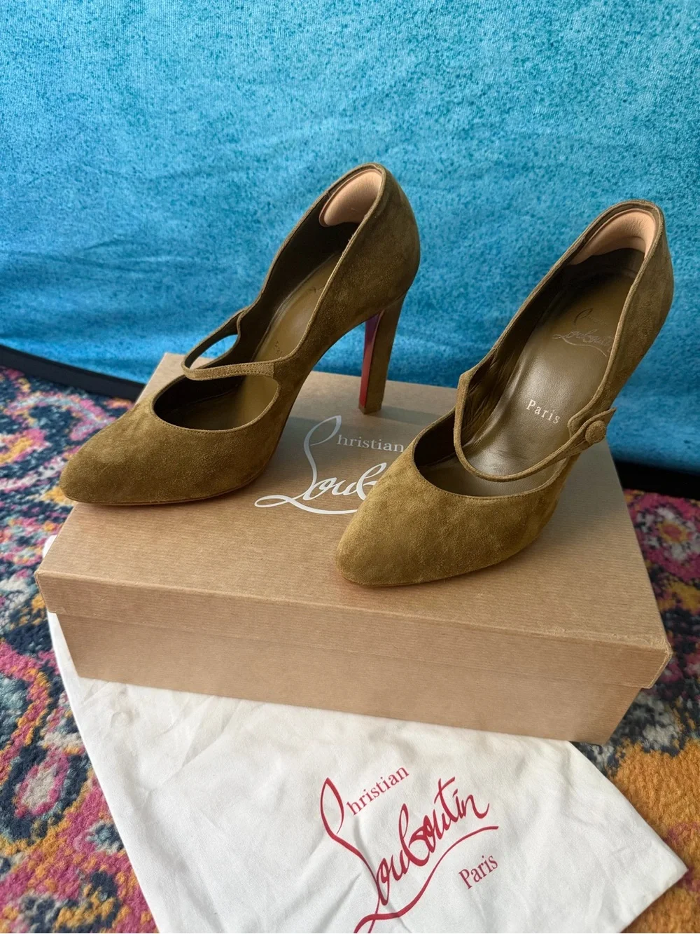 Christian Louboutin Olive Green Suede Mary Jane Pumps
